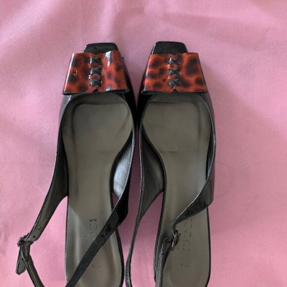 Sesto Meucci Italian evening sandals, black patent/animal patent front bows 10N - Picture 1 of 4
